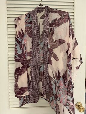 Anthropologie Elevenses Silk Kimono-style top with purple flower print